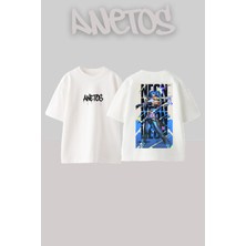 Anetos Neon Tasarım Sırt Baskılı Pamuk Beyaz Oversize T-Shirt