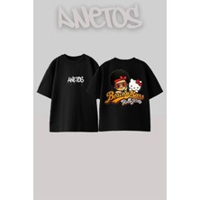 Anetos Bruno Mars Hello Kitty Tasarım Sırt Baskılı Pamuk Siyah Oversize T-Shirt
