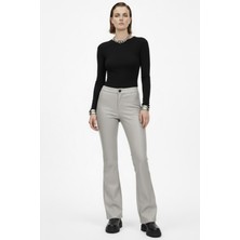 Deriderim Gri Kadın Ispanyol Paça Deri Pantolon