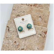 Marsel Turkuaz Yuvarlak Gold Kaplama Klipsli Küpe