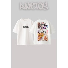 Anetos Blackpink Rose 4 Tasarım Sırt Baskılı Pamuk Beyaz Oversize T-Shirt