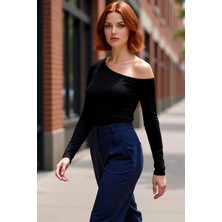 PayBuy Kadın Fitted Vücuda Oturan Asimetrik Yaka Uzun Kollu Esnek Pamuklu Örme Bluz Casual Günlük Kullanım