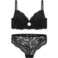 Wonna Dantelli Dekolte Sütyen Külot Takım Push Up, 2451 Siyah