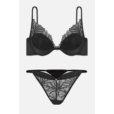 Wonna Leonie Brodeli Parlak Taş Detaylı Saten Biyeli Sütyen Külot Takım - 2724 - Siyah