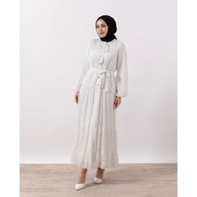 Kulvar Trend 3036 Yakadan Fularl Kuşaklı Puantiye Desenli Yoryo Elbise