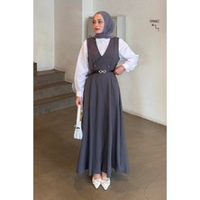 Lamelif Düğme Detaylı Kolsuz Tesettür Elbise Antrasit