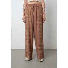 Orfeonegro Kadın Yatay Şerit Taş Işlemeli Düz Renk Beli Lastikli Bol Paça Pantolon