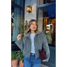 Sue Store Antrasit Gömlek Yaka Kürk Dokulu Astarlı Bomber Ceket