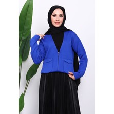 İmaj Butik Saks Mavi Çift Cepli Fermuarlı Triko Hırka