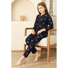 Modanino Kız Çocuk Pat Yakalı-Baskılı ve Düğme KAPAMALI-%100 Pamuk Pijama Takımı 12352