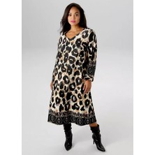 Şans Kadın Büyük Beden Leopar Desen, V Yaka Cepli Elbise 65N39111