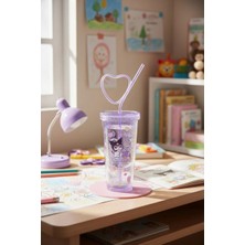Miniso Sanrio Lisanslı Kuromi Tatlı Fabrikası Serisi Kalp Çift Duvarlı Plastik Şişe Pipetli 440 ml
