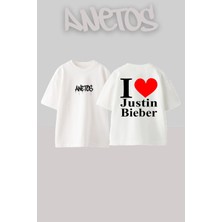 Anetos Justin Bieber 5 Tasarım Sırt Baskılı Pamuk Beyaz Oversize T-Shirt