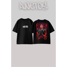 Anetos Demon Slayer 7 Tasarım Sırt Baskılı Pamuk Siyah Oversize T-Shirt