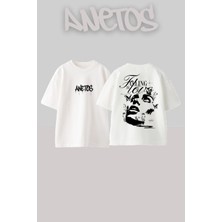 Anetos Falling Love Tasarım Sırt Baskılı Pamuk Beyaz Oversize T-Shirt