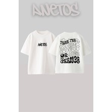 Anetos Take The Risk Tasarım Sırt Baskılı Pamuk Beyaz Oversize T-Shirt