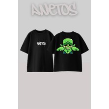 Anetos Goblin Emoji Tasarım Sırt Baskılı Pamuk Siyah Oversize T-Shirt