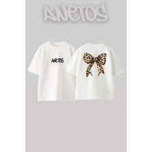 Anetos Leopar Kurdele 1 Tasarım Sırt Baskılı Pamuk Beyaz Oversize T-Shirt