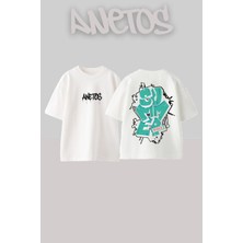 Anetos Summer 1 Tasarım Sırt Baskılı Pamuk Beyaz Oversize T-Shirt