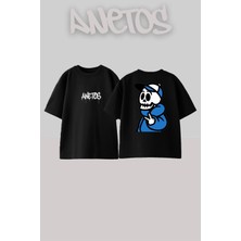 Anetos Iskelet Tasarım Sırt Baskılı Pamuk Siyah Oversize T-Shirt
