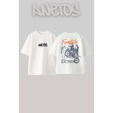 Anetos Motorcu Tasarım Sırt Baskılı Pamuk Beyaz Oversize T-Shirt