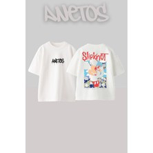 Anetos Slipknot 17 Tasarım Sırt Baskılı Pamuk Beyaz Oversize T-Shirt