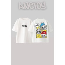 Anetos Hello Labubu Tasarım Sırt Baskılı Pamuk Beyaz Oversize T-Shirt