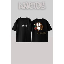 Anetos Alcohol Tasarım Sırt Baskılı Pamuk Siyah Oversize T-Shirt