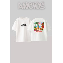 Anetos Aloha Kokonat Tasarım Sırt Baskılı Pamuk Beyaz Oversize T-Shirt