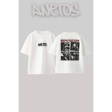 Anetos Taylor Swift 13 Tasarım Sırt Baskılı Pamuk Beyaz Oversize T-Shirt