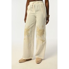 Orfeonegro Kadın Beli Lastikli Bol Paça Önü Nakış Işlemeli Pantolon