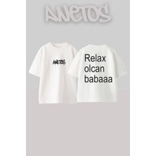 Anetos Relax Olcan Baba Tasarım Sırt Baskılı Pamuk Beyaz Oversize T-Shirt