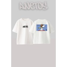 Anetos Peanuts Snoopy Tasarım Sırt Baskılı Pamuk Beyaz Oversize T-Shirt