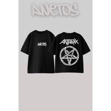Anetos Anthrax Tasarım Sırt Baskılı Pamuk Siyah Oversize T-Shirt