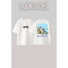 Anetos Santorını Tasarım Sırt Baskılı Pamuk Beyaz Oversize T-Shirt