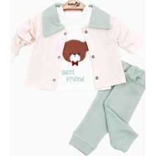 Dinamik çocuk Erkek Bebek Waffle Kumaş Ceketli Ayıcıklı Badili 3lü Alt Üst Takım 0-3-6-9AY
