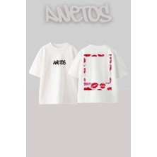 Anetos Kalpli Cerceve Tasarım Sırt Baskılı Pamuk Beyaz Oversize T-Shirt