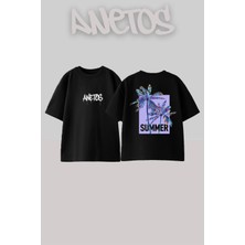 Anetos Summer Tasarım Sırt Baskılı Pamuk Siyah Oversize T-Shirt