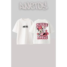 Anetos Mınnıe Mouse Tasarım Sırt Baskılı Pamuk Beyaz Oversize T-Shirt