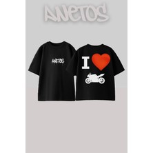 Anetos I Love Motors Tasarım Sırt Baskılı Pamuk Siyah Oversize T-Shirt