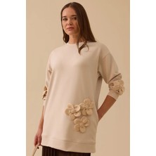 Seçil Kadın Çiçek Detaylı Cepli Sweatshirt - Bej