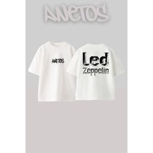 Anetos LED Zeppelin 0 Tasarım Sırt Baskılı Pamuk Beyaz Oversize T-Shirt