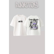 Anetos Mor Heykel Tasarım Sırt Baskılı Pamuk Beyaz Oversize T-Shirt