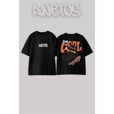 Anetos Black Cat Tasarım Sırt Baskılı Pamuk Siyah Oversize T-Shirt