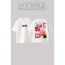 Anetos Blackpink Rose 7 Tasarım Sırt Baskılı Pamuk Beyaz Oversize T-Shirt