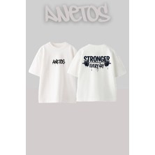 Anetos Stronger 2 Tasarım Sırt Baskılı Pamuk Beyaz Oversize T-Shirt