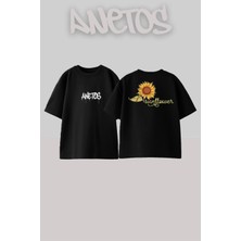 Anetos Aycicegi 1 Tasarım Sırt Baskılı Pamuk Siyah Oversize T-Shirt