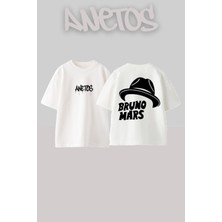 Anetos Bruno Mars 2 Tasarım Sırt Baskılı Pamuk Beyaz Oversize T-Shirt