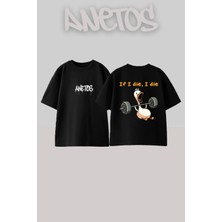 Anetos Gym Ördek Tasarım Sırt Baskılı Pamuk Siyah Oversize T-Shirt