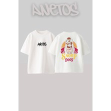 Anetos Snoop Dog 1 Tasarım Sırt Baskılı Pamuk Beyaz Oversize T-Shirt